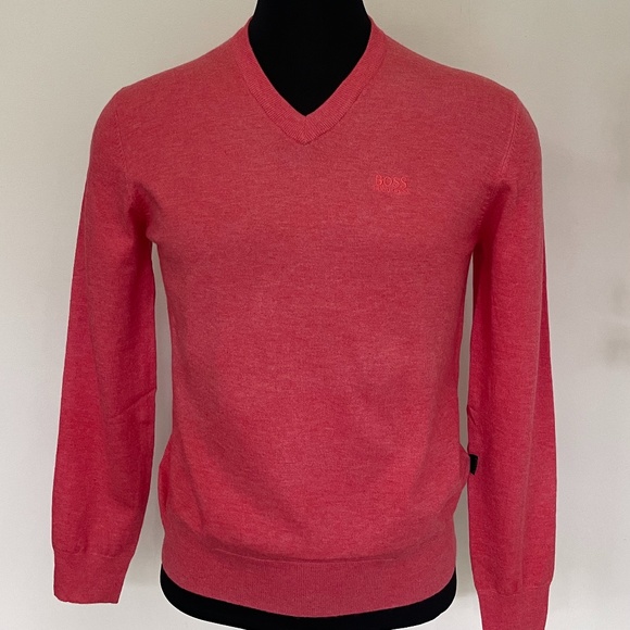 Hugo Boss Sweater V neck Pink Red Wool Pullover